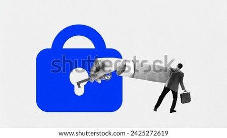 Modern aesthetic artwork. Young businessman tried to open digital lock with retro key against white background. Concept of multimedia, digital reality, process, technology future, cyber security.