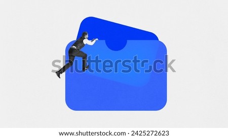 Modern aesthetic artwork. Person climbing oversized folder icon, representing file management and organization. Concept of multimedia, digital reality, integration process, technology future. Ad