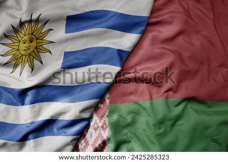 big waving national colorful flag of belarus and national flag of uruguay . macro