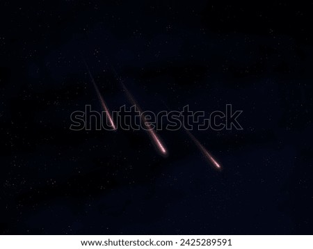 Falling stars in the night sky. Meteors on a black background isolated. Celestial landscape with glowing meteorites.