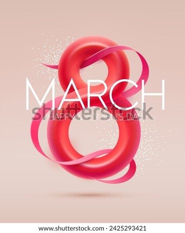 March 8 international women's day. Big red elegant figure eight with congratulatory inscription. Typographic greeting card design. Royalty-Free Stock Photo #2425293421
