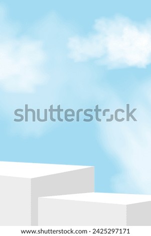 Sky Blue and Cloud with White Podium Step,Platform 3d Mockup Display Step for Summer Cosmetic Product Presentation for Sale,Promotion,Web online,Scene Nature Spring Sky with Building wall 