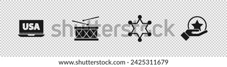 Set USA on laptop, Drum and drum sticks, Hexagram sheriff and Independence day icon. Vector