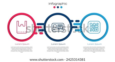 Set line Paper shopping bag, Identification badge and QR code. Business infographic template. Vector