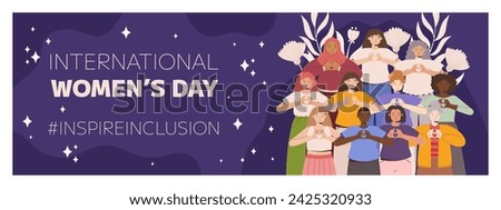 IWD Inspire Inclusion campaign, International Women's Day 2024 Horizontal banner template features a diversity of women making heart gesture with their hands. Vector illustration flat style.