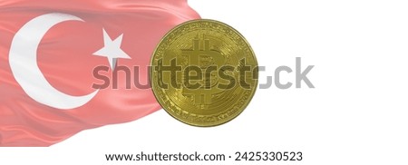 Close Up photo 21:9 of bitcoin coin against the background of the Turkish flag. Banner for website, desktop wallpaper, copy space for text and advertising, blank, empty, white, free space
