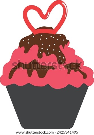 Pink cupcakes decorated with hearts and dripping chocolate syrup