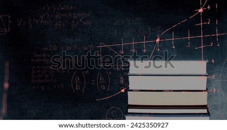 Digital composite of a pile of books against a grey and black textured background mathematical equations and graphs move in the foreground