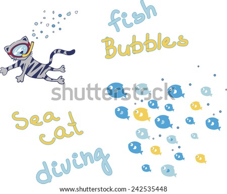 illustration of a cartoon vector cat diving with fishes.