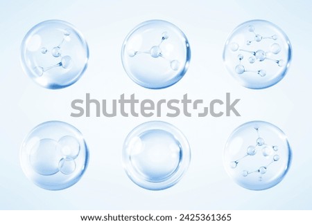 Molecules inside bubbles on blue background. Collagen serum bubble. Cosmetic essence. Concept skin care cosmetics solution. Vector 3d illustration Royalty-Free Stock Photo #2425361365