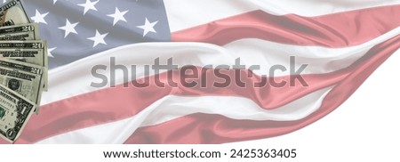 Background 21:9 of   fan of dollars against transparent American flag. Banner for website, desktop wallpaper, copy space for text and advertising, blank, blank, white, free space