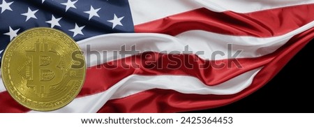 Bitcoin coin and a fan of dollars on a 21:9 background with a transparent American flag. Ideal for website banners, desktop wallpapers, and ads. Ample space for text and advertising in an empty, black