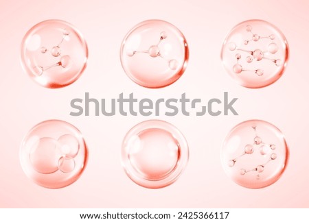 Molecules inside bubbles on pink background. Collagen serum bubble. Cosmetic essence. Concept skin care cosmetics solution. Vector 3d illustration Royalty-Free Stock Photo #2425366117