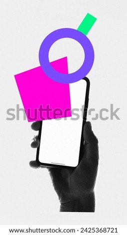 Contemporary art collage. Silhouette hand holding phone displaying pink square and overlapping purple circle with green stripe looks as magnify. Concept of searching services, find process