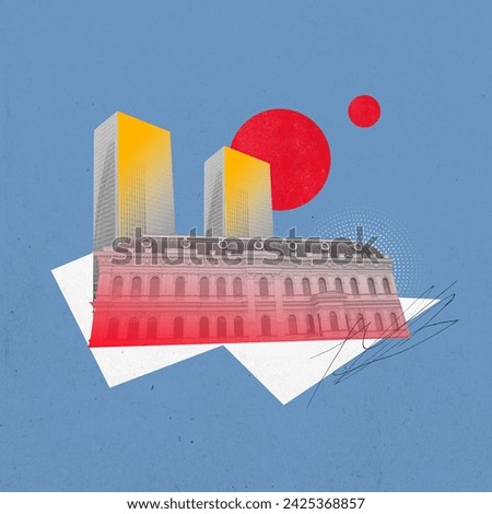 Poster. Contemporary art collage. bustling cityscape in modern retro design against blue background. Modern and vintage. Concept of creativity, surrealism, imagination, futuristic landscape.