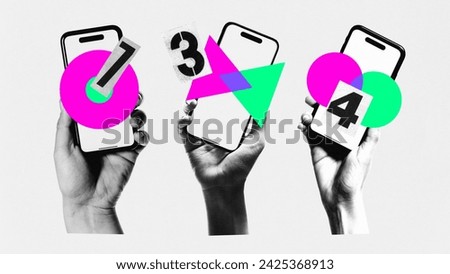 Contemporary art collage. Three hands each holding a smartphone displaying numerical and geometric graphic elements. Concept of study and work online, virtual entertainment events.