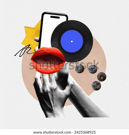 Modern aesthetic artwork. Hand holding smartphone with vinyl record, red lips, sound wave, and blueberries, symbolizing audio features. Concept of diverse music library, streaming services, podcasts.