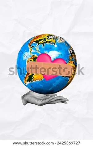 Composite image 3d magazine sketch collage of hand hold globe heart patch care protection environmental conservation greenpeace isolated on paper background Royalty-Free Stock Photo #2425369727