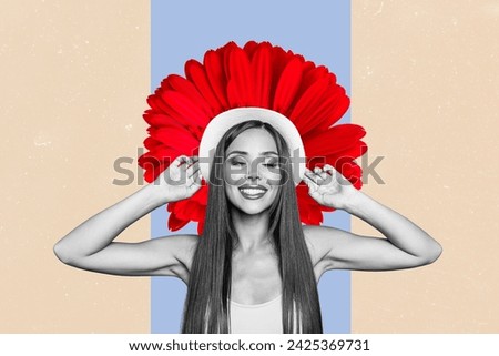 Collage image of pretty cheerful black white effect girl toothy smile sunhat big fresh flower isolated on beige background