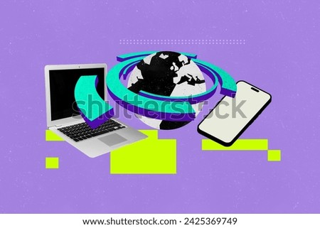 Creative collage picture planet earth signal internet wireless connection 5g wifi remote share modern gadgets laptop phone