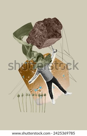 Vertical placard ecology trend collage of headless man hold umbrella with rock material flying dirty planet isolated on gray background