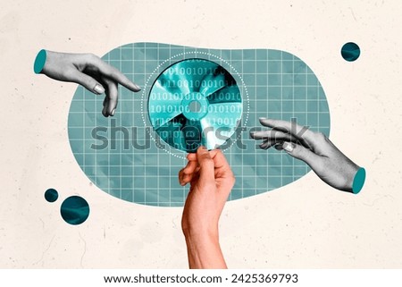 Creative collage picture human arms take computer hard disk digital modern technology information carrier data numbers drawing background
