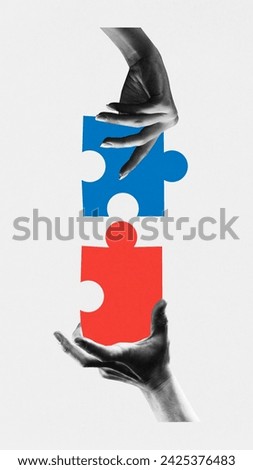 Banner. Modern aesthetic artwork. Two hands trying to connect pieces of puzzles, symbolized harmonious teamwork. Concept of teamwork, business cooperation, partnership, startup, deal. Ad