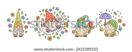 Cute spring gnomes characters. Adorable garden gnome spring vector. Scandinavian elf fun whimsical fairy core illustration hand drawn. Funny little dwarf, spring flowers, tulip, umbrella, daffodil.