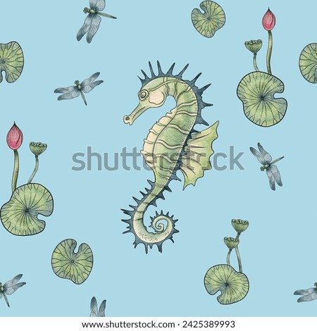 Seamless pattern of a seahorse, lotus, lotus leaves and a dragonfly