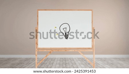 Digital image of a drawing of a light bulb with yellow lights in a white board with wooden frame inside a room with light pink walls and wooden floor