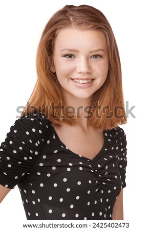 Basic, portrait, and teenager with smile for fashion, photo and studio with white background. Mock up of happy, confident and gen z young girl with glow for yearbook, graduation or school picture