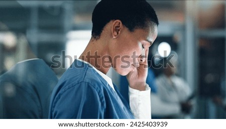 Doctor, stress and black woman with headache, anxiety or neck pain while working in a hospital at night. Healthcare, anxiety and female nurse with burnout, vertigo or joint, fibromyalgia or tension