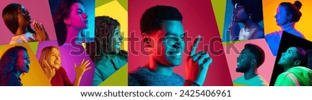 Collage made of close-up portrait of young people of different age, gender and nationality, smiling against multicolored background in neon light. Happiness. Concept of human emotions, youth