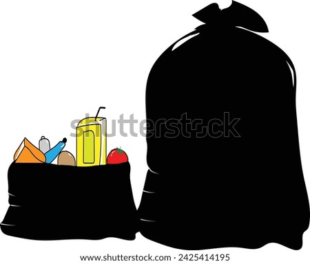 hand drawn black trash bag full of rubbish on a white background