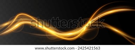 Light wave of shiny gold lines.Gold color glowing design element.Wavy bright stripes.