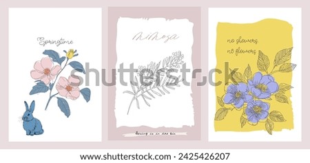 Greeting Card set, Spring flowers and Easter bunnies clipart, sketched hand drawn texture, abstract art, artistic, vector botanical illustration