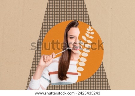 Poster banner creative surreal collage of girl feel hunger bite metal spool want eat grain free product