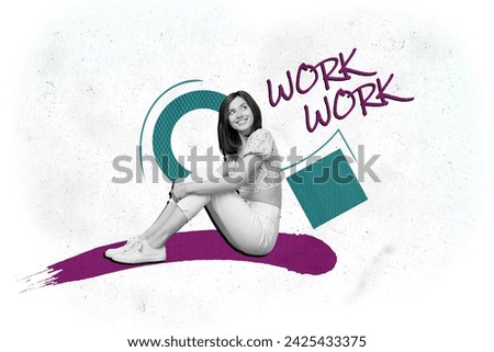 Photo artwork graphics collage painting of happy smiling lady looking for work ideas isolated white color background