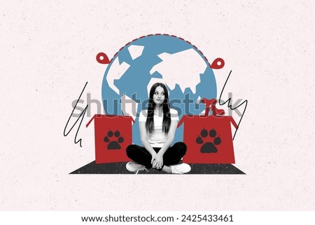 Collage artwork picture of smiling lady ordering pet air flight relocation isolated graphical white color background