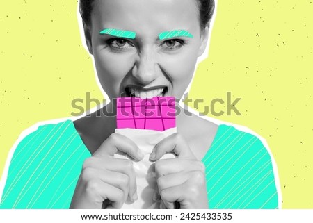Photo collage artwork minimal picture of funky addicted lady biting chocolate bar isolated yellow color background