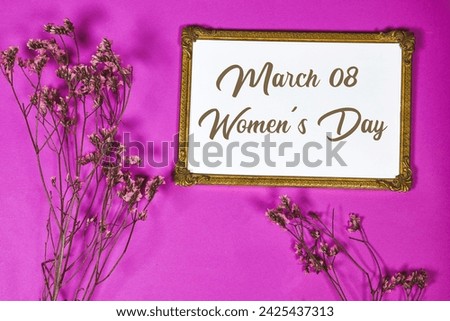 happy women's day on golden picture or photo frame mockup with pink baby's breath, gypsophila on purple background