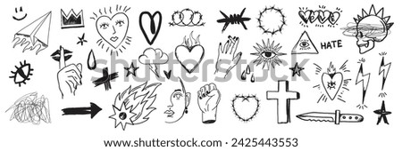 Grunge doodle print set, vector black line tattoo punk element, love heart sign, skull, hands. Ink marker scribble collection, urban graffiti sketch, wax crayon pen emo icon. Grunge doodle y2k design Royalty-Free Stock Photo #2425443553