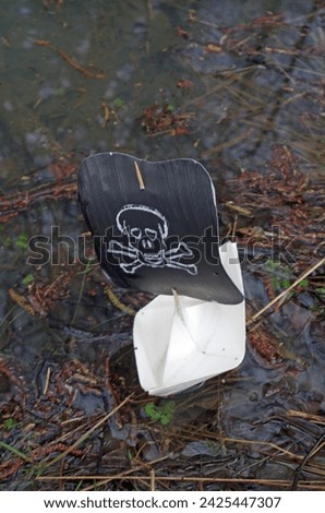 An origami pirate ship floats on a lake.