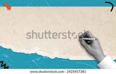 Art collage depicting a hand writing on a piece of paper. Fashionable retro style. The concept of writing goals and plans. Royalty-Free Stock Photo #2425457381