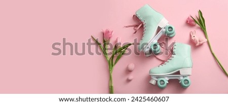 Vintage roller skates with Easter eggs, bunny and beautiful tulips on pink background with space for text
