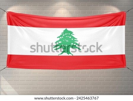 Lebanon national flag cloth fabric waving on beautiful bricks Background.