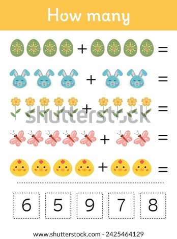 Easter printable educational math worksheet. Mathematic activities for kids. Educational games for preschool kindergarten. Learning math pages. Easter teacher resources. Counting, addition, page. Royalty-Free Stock Photo #2425464129