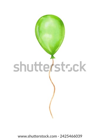 Green inflatable balloon on a rope.Watercolor and marker illustration.Hand drawn isolated sketch.Clip art of birthday balloon for party invitation for holiday decoration.