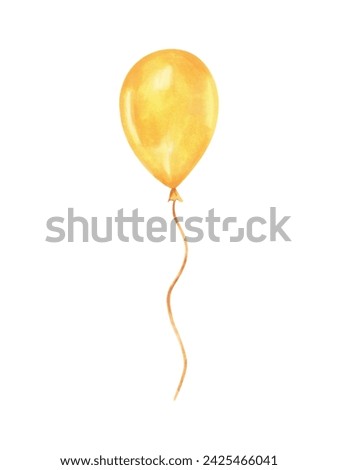 Yellow inflatable flying balloon on a rope.Watercolor and marker illustration.Hand drawn isolated sketch.Clip art of birthday balloon for party invitation for holiday decoration.