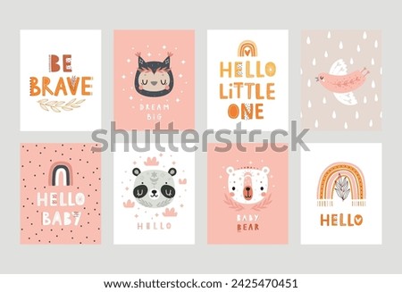 Cute Boho cards with Letterings and boho animals for your design - Hello little one, be brave, hello baby and others. Childish hand drawn prints. Nursery theme, Vector illustration.